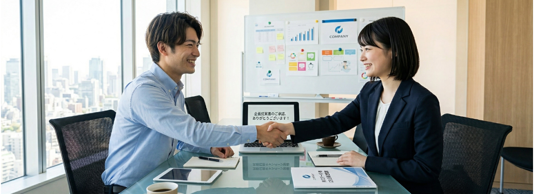 商談がまとまり握手する様子